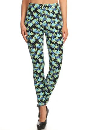 Women's 3 X 5X Yellow Leaf Plant Pattern Printed Leggings