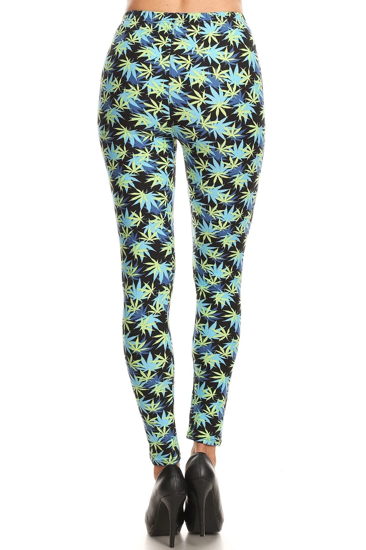 Women's 3 X 5X Yellow Leaf Plant Pattern Printed Leggings