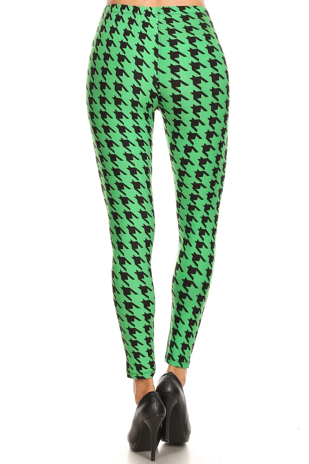 Women's 3X 5X Green Houndstooth Pattern Printed Leggings