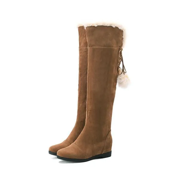 Women's Casual Lace-Up Fur Ball Flat Over-the-Knee Boots 89007423S