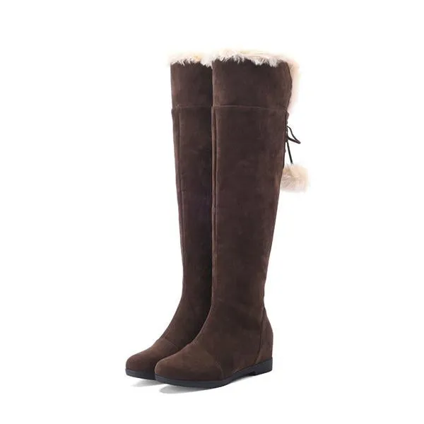 Women's Casual Lace-Up Fur Ball Flat Over-the-Knee Boots 89007423S