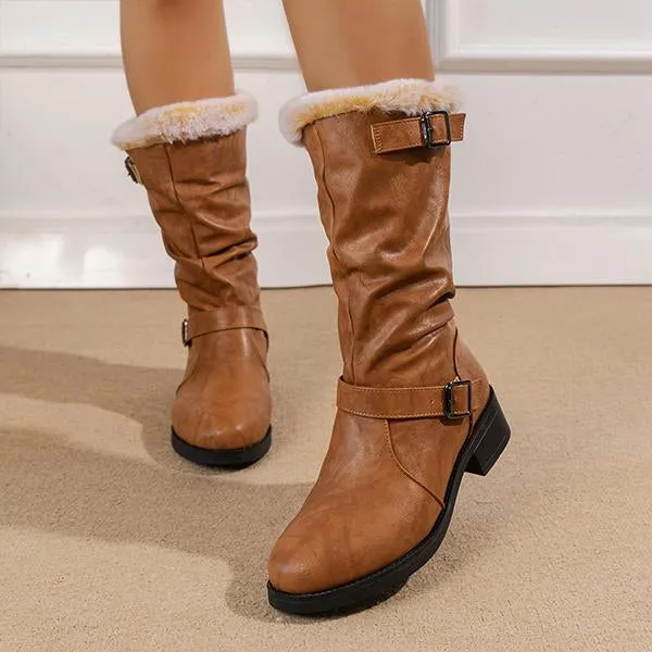 Women's Casual Retro Fur Collar Mid-Calf Boots 07173570S