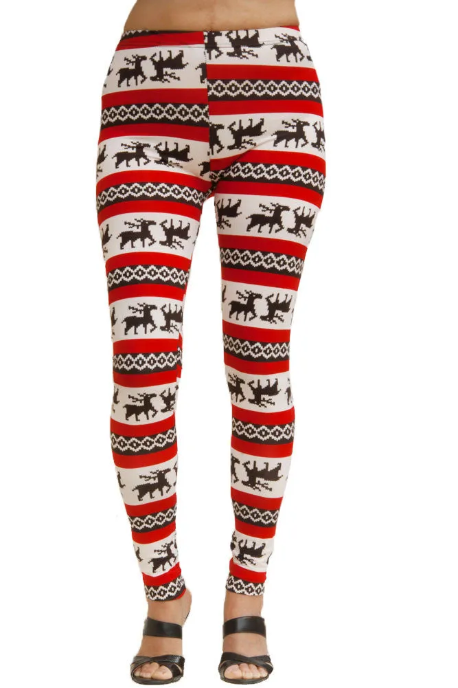 Women's Plus Colorful Holiday Red Reindeer Design Printed Leggings