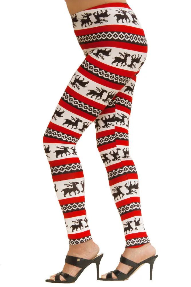 Women's Plus Colorful Holiday Red Reindeer Design Printed Leggings